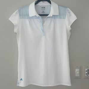 Women’s adidas PureMotion Short Sleeve White Blue Polka Dot Golf Top Large